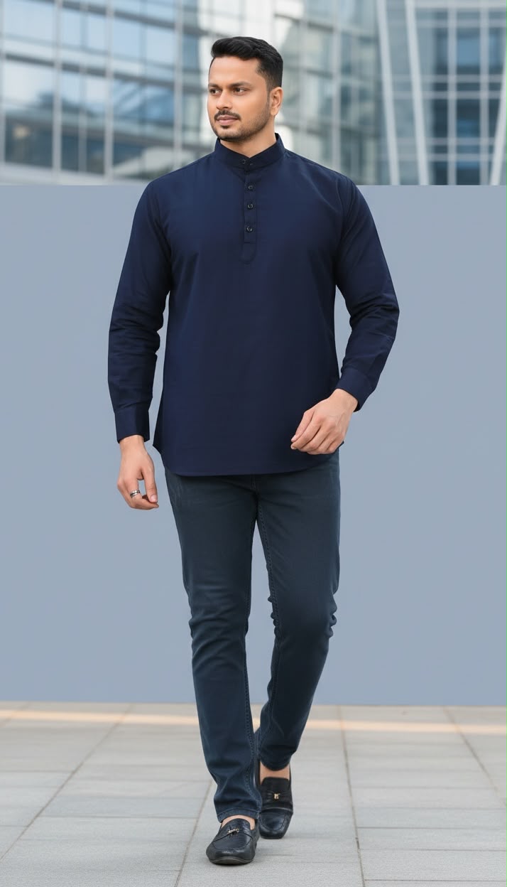 SKYREX MENS NAVY BLUE COTTAN KURTA SHIRT